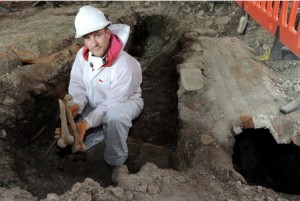 03/03/2016 - Pic by Lucy Davies Ryearch site manager Daniel Eaton by burial vaults in Stoke Damerel Church which have unearthed lots of bones during the church's renovation. Reporter Alex Wood Contact John Steere on 347309 or 07734924064